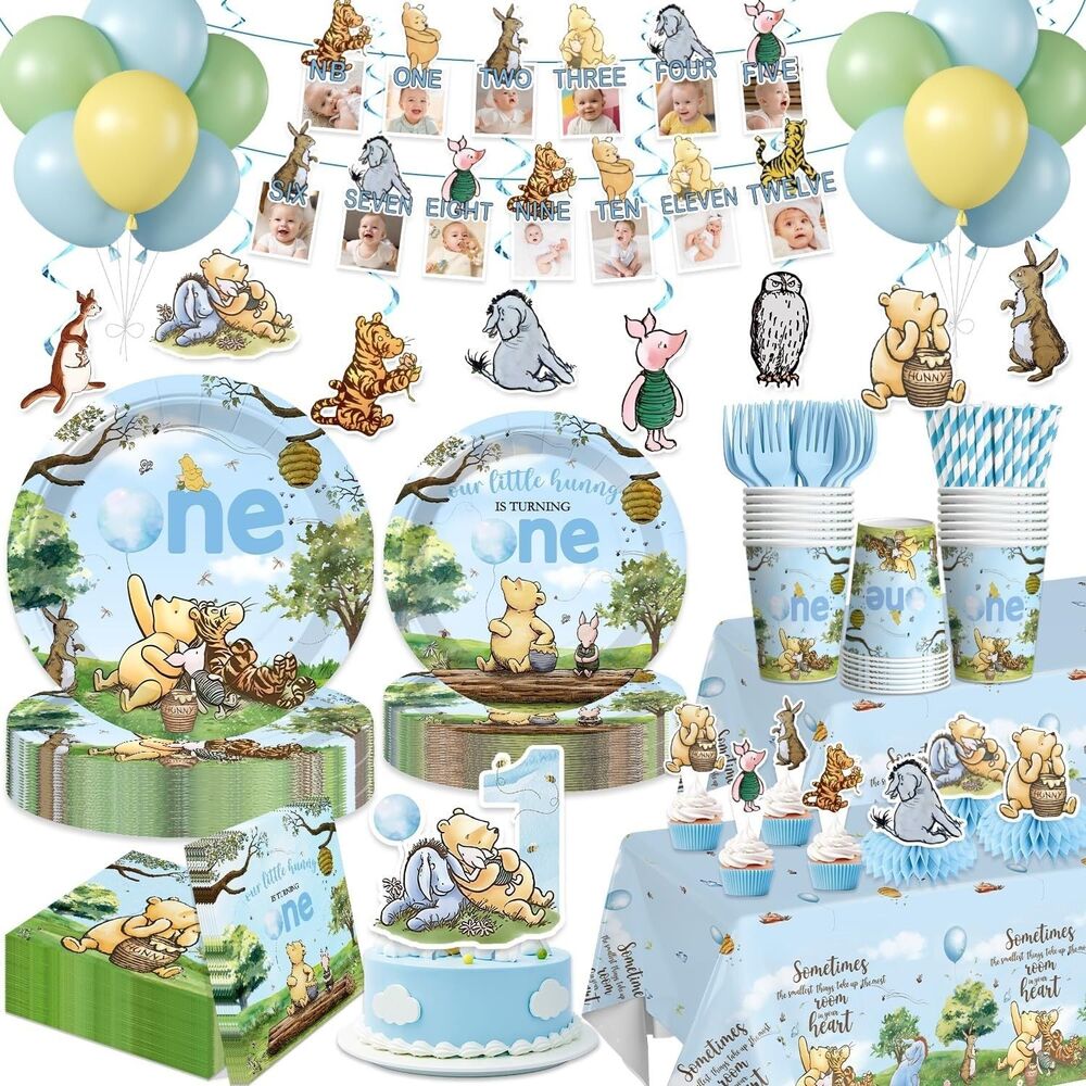 171pcs Winnie Bear Baby First Birthday Decorations Plates Napkins